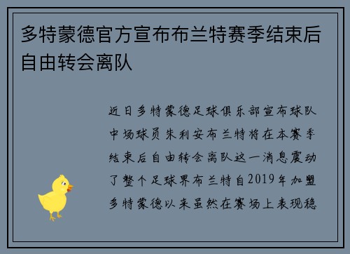 多特蒙德官方宣布布兰特赛季结束后自由转会离队 多特蒙德官方宣布布兰特赛季结束后自由转会离队