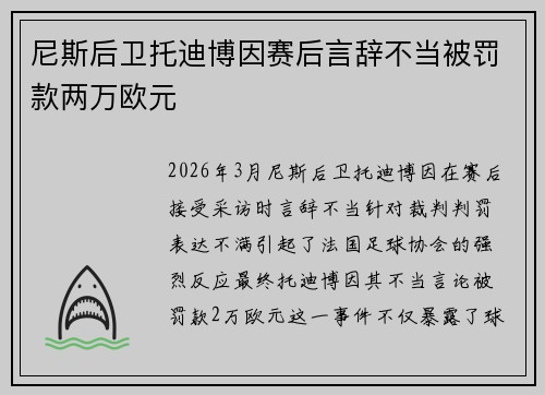 尼斯后卫托迪博因赛后言辞不当被罚款两万欧元 尼斯后卫托迪博因赛后言辞不当被罚款两万欧元